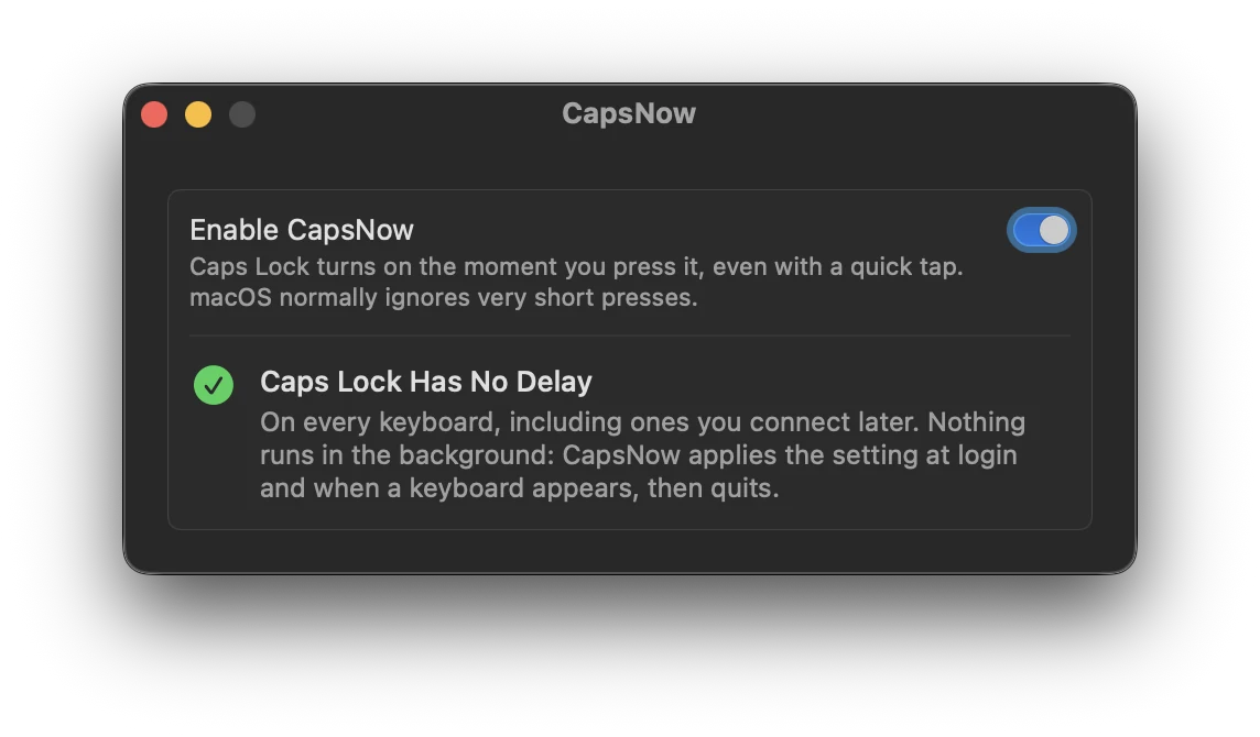 The CapsNow settings window
