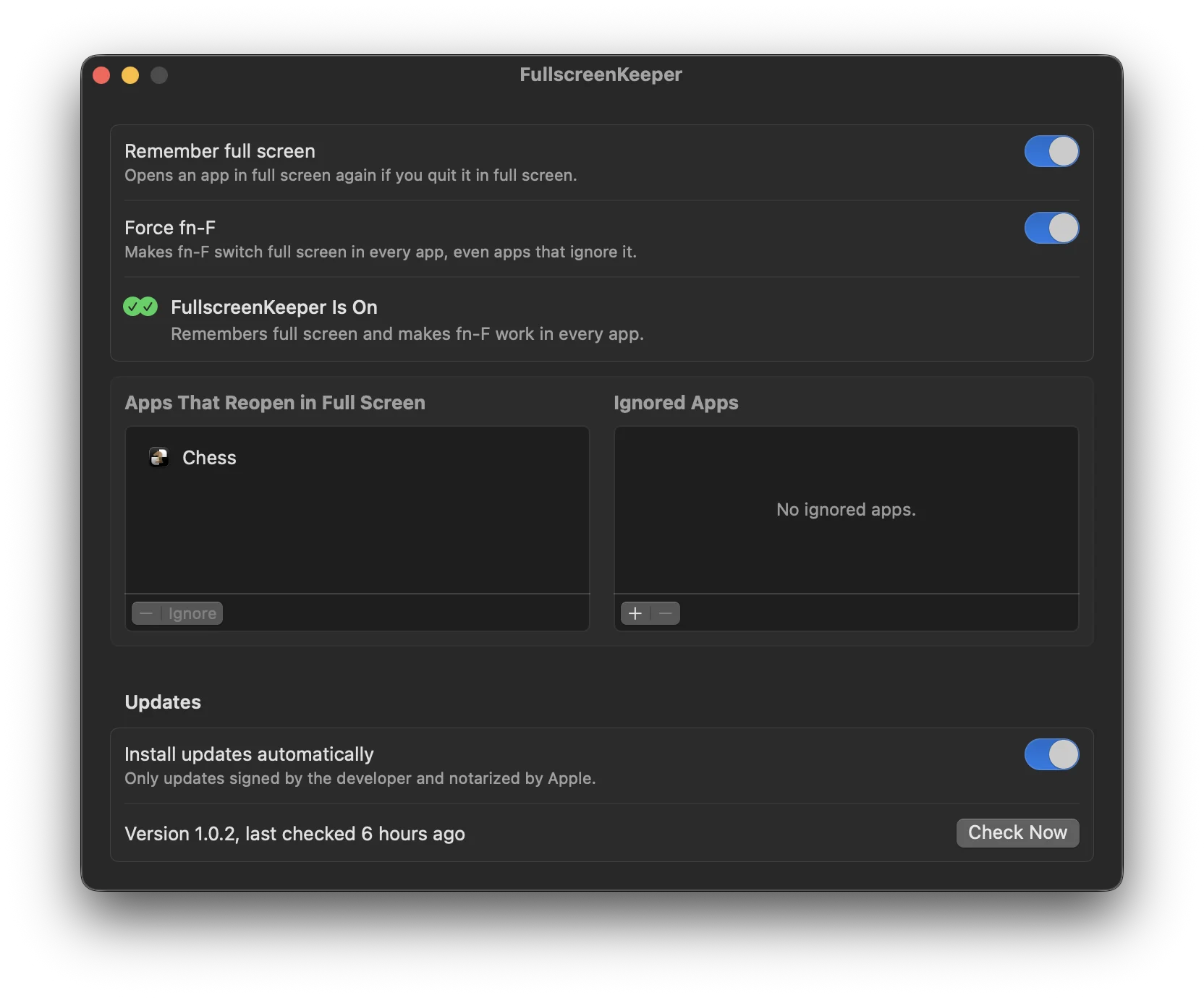 The FullscreenKeeper settings window