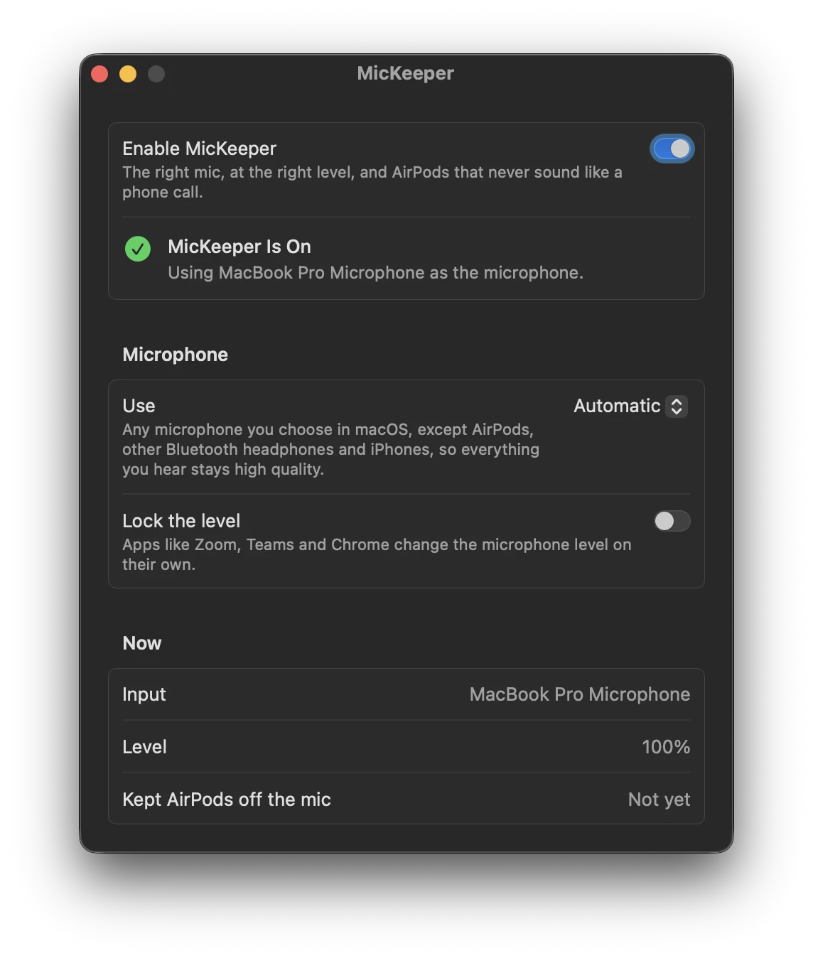 The MicKeeper settings window