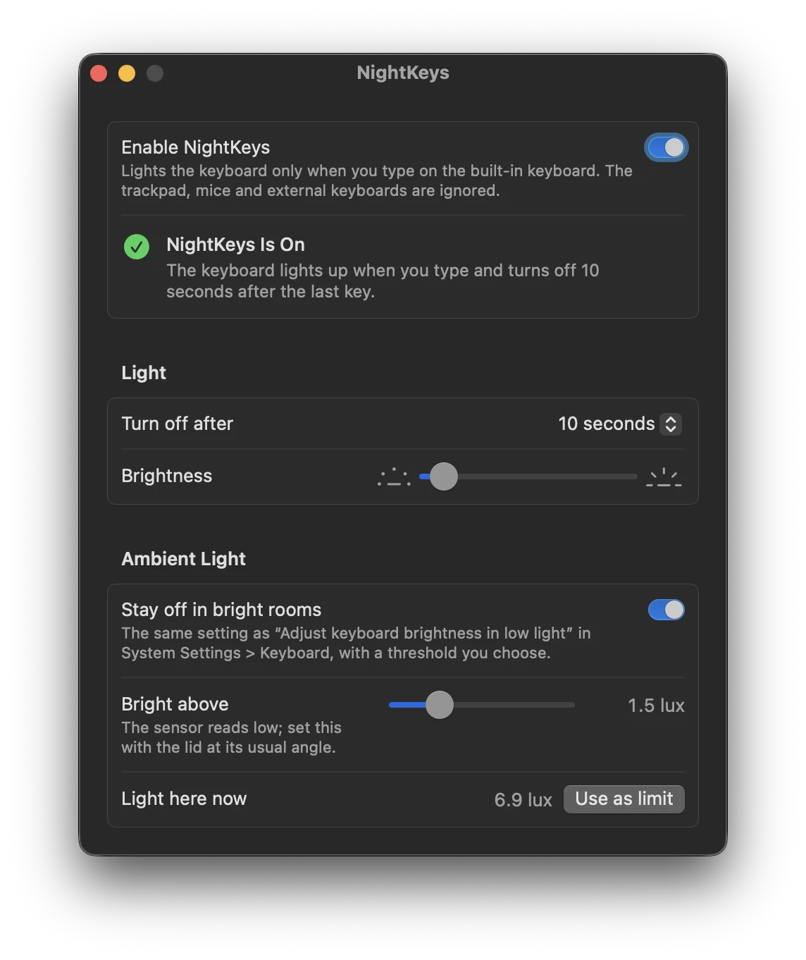 The NightKeys settings window